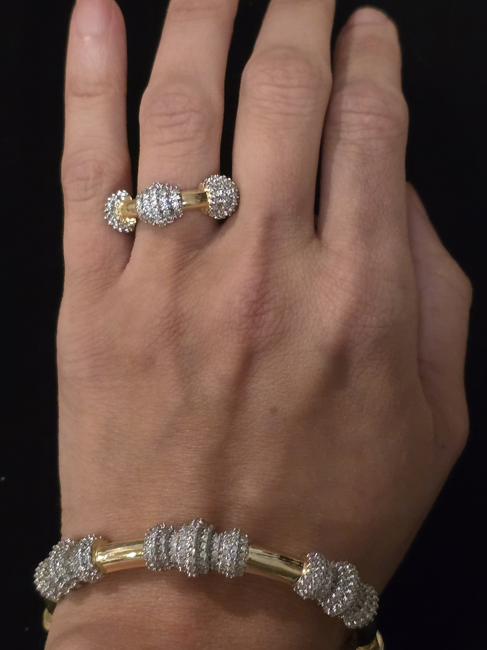 22kgp Dubai Gold and Silver Pave Crystal Ball Ring & Bracelet Set- Women Jewelry